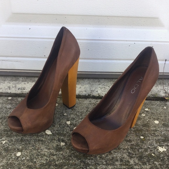 ALDO Brown Peep Toe Platform Wooden Heels size 40 - Picture 3 of 7